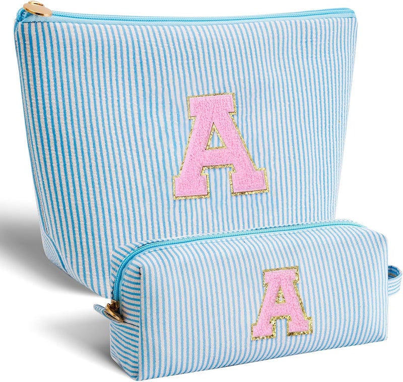 Btffitting Makeup Bag Set Initials Cosmetic Bag,Gifts for 10 11 12 13 14 15 16 17 18 Years Old Girl Girlfriend Teen Girls Gift Trendy Stuff Personalized Toiletry Bag Travel - Blue,A - Image 1